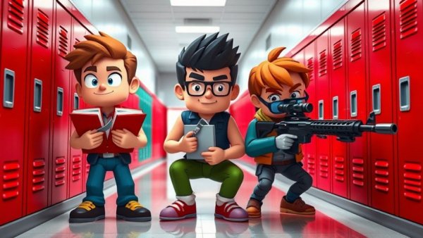 Colorful block-figure characters in school hallway cartoon.