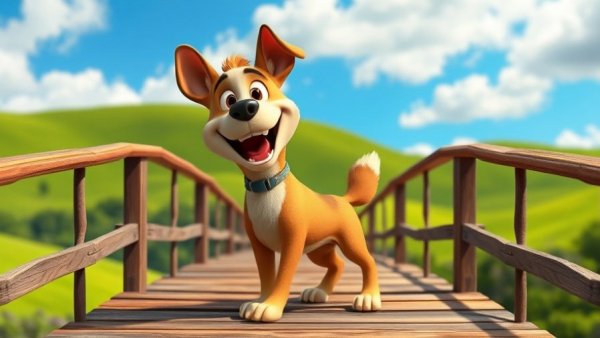 Colorful pet cartoon for kids showing a playful dog on a bridge.