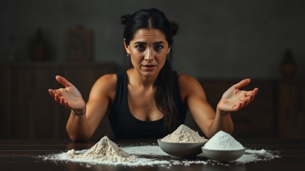 Middle-aged woman presenting creatine benefits, creatine powder background