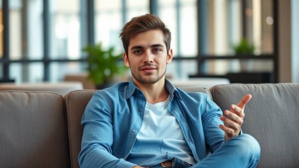 Young man discusses anti-social media strategy, seated, vibrant icons.