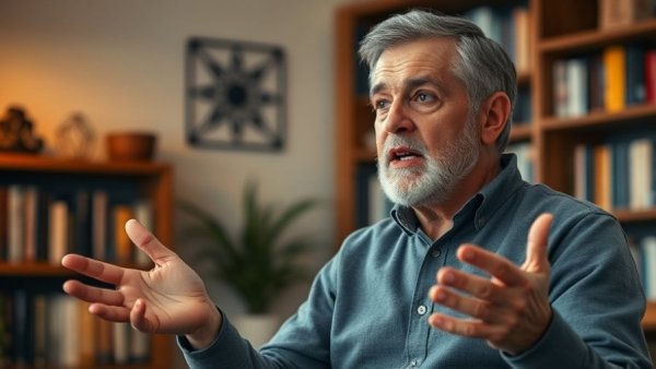 Middle-aged man explaining in cozy room, warm lighting