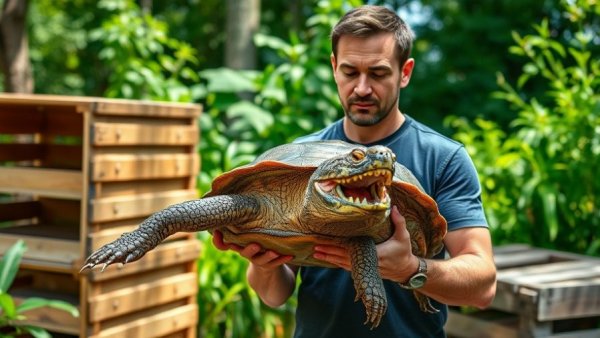 Man holding a large snapping turtle safely outdoors.