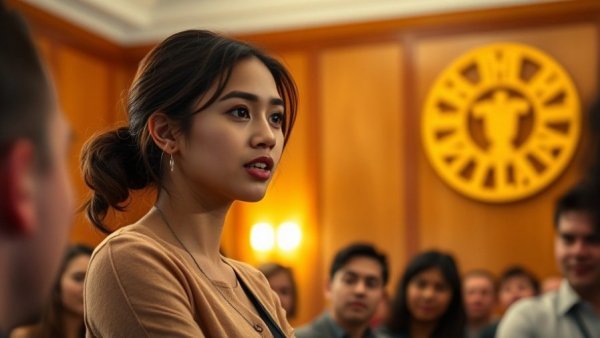 Confident woman speaking in warmly lit room, history backdrop.