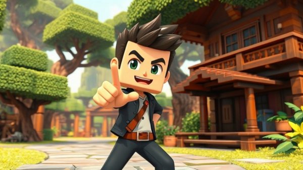 3D cartoon pose in blocky virtual world, vibrant colors.