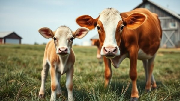 Young calf and cow in a field with a funny caption.