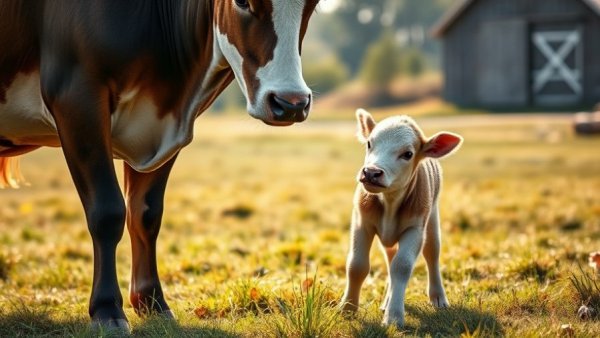 Sassy baby cow playfully interacts in a grassy pasture with a barn.