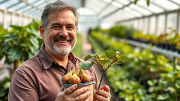 Man holding fig cutting in greenhouse for planting.