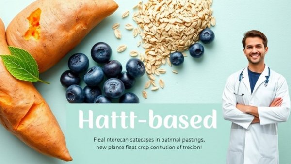 Plant based diet tips with sweet potato, blueberries, oatmeal.