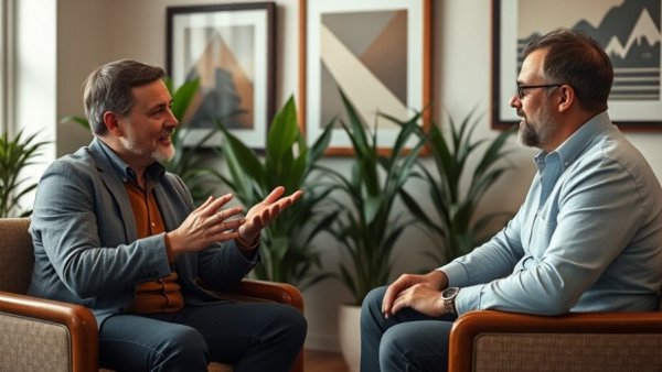 Men in conversation discussing buzz terms in a cozy indoor setting.
