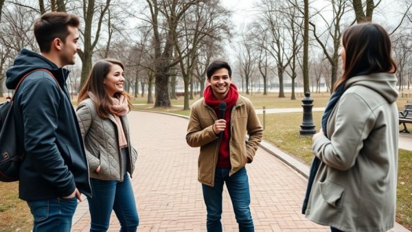 Young people discussing in an Ohio park, winter afternoon.