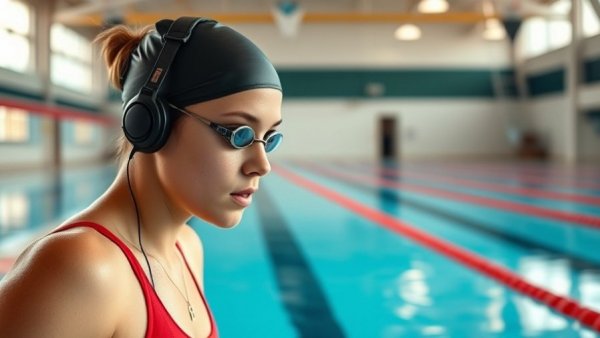 Focused female swimmer preparing for a swim in indoor pool, improve breaststroke kick.