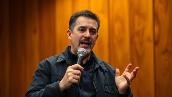 Enthusiastic speaker discussing SEO marketing on stage.