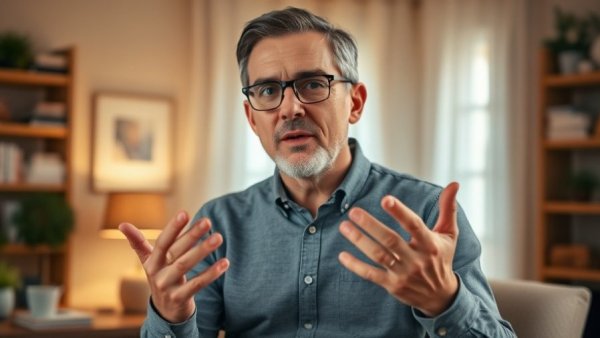 Middle-aged man explaining C15 health benefits in cozy home office.