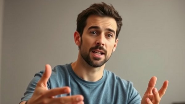 Casual man explaining digital marketing strategies indoors.