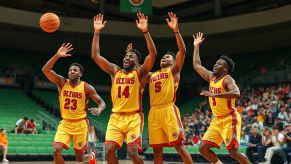 Wright State Raiders players celebrating a winning streak in an arena.