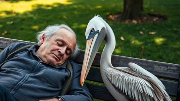Elderly man and pelican share a park bench, funny pet stories scene.