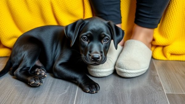 Black lab puppy snuggling close to slippers on a gray floor.