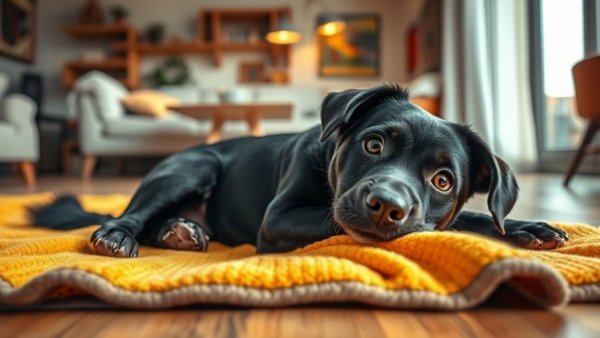Funny dog moments of a playful black dog lying indoors.