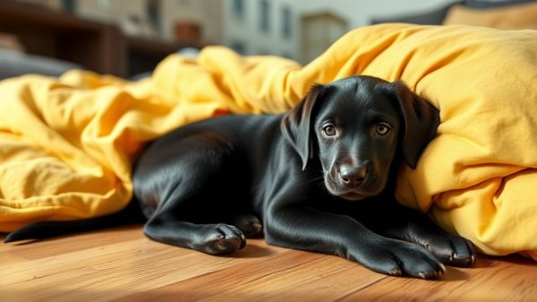 Black lab puppy resting beside yellow blanket in home, personal space.