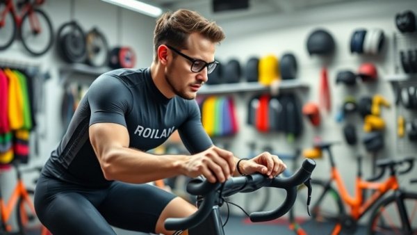 Male cyclist assessing Erg Mode in triathlon training room.