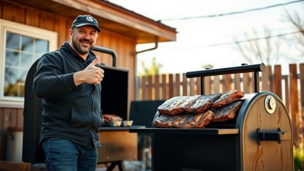 Man beside offset smoker with ribs, sunny outdoor setting.