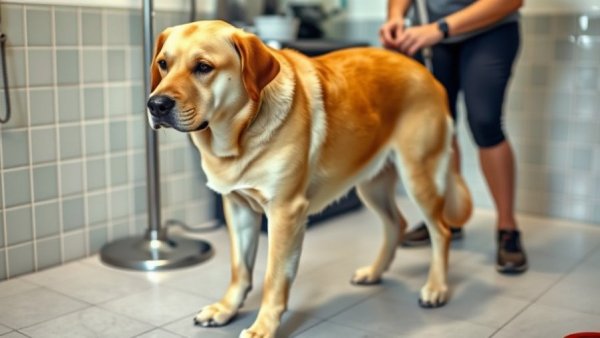 Large dog calmly stands in grooming station, being groomed.