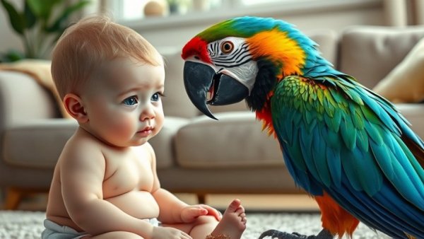 Baby and macaw parrot interacting in a cozy room, illustrating pets in family.