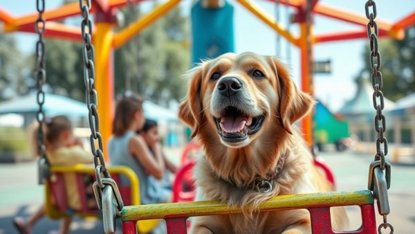 Golden retriever on swing at amusement park with children.