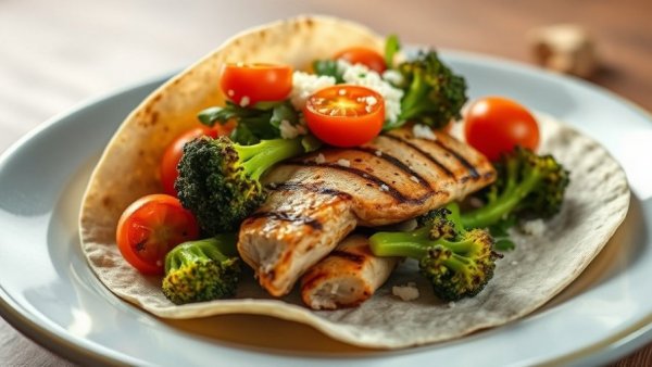 USDA meal for $3 with grilled chicken taco, broccoli, and tomatoes.