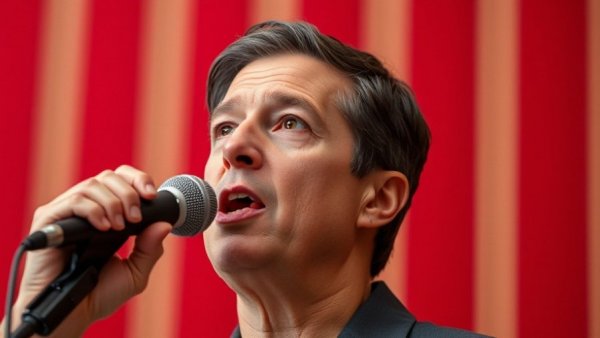 Speaker discussing AI risks, confident expression.