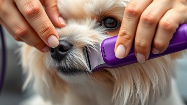Grooming a fluffy dog with purple clippers, precise pet grooming.