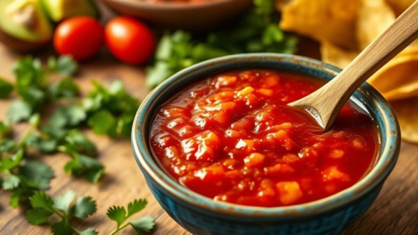 Easy Red Salsa Recipe in blue bowl with taco ingredients.