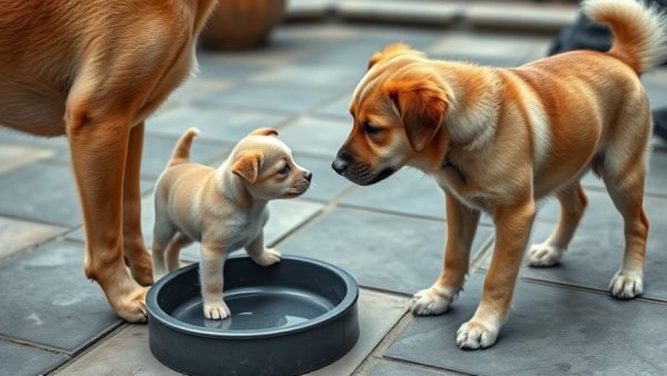 Puppy behavior: small puppy observing large dog by water bowl.