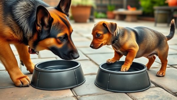 Dachshund puppy near German Shepherd's bowl in a backyard.