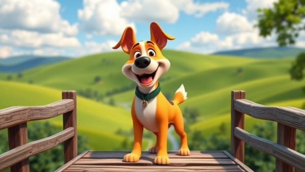 Cartoon dog for a kids show set in a colorful countryside.