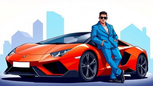 Colorful cartoon person by red car, real estate wealth theme.