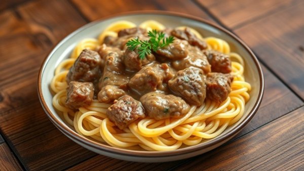 Creamy beef stroganoff on egg noodles with rustic wood background.