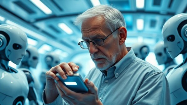 Futuristic scene of inventor with robots in ultramodern setting.