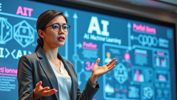 AI concepts presented by a professional woman with neon smartboard visuals.