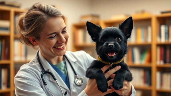 Veterinarian smiling with a small dog during pet health checkup.