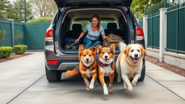 Traveling with pets safety tips: woman loading dogs into SUV.
