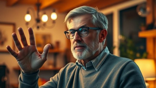 Middle-aged man gesturing in a warmly lit room.