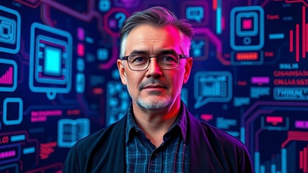 AI in education represented by a man with AI-themed background.