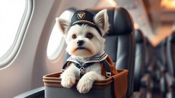 Cute dog in pilot costume on plane for traveling with pets guide.