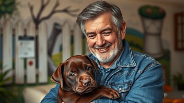 Older man lovingly holding Chocolate Lab puppy indoors.