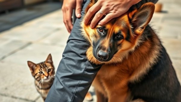 Funny dogs playing on concrete with curious cat