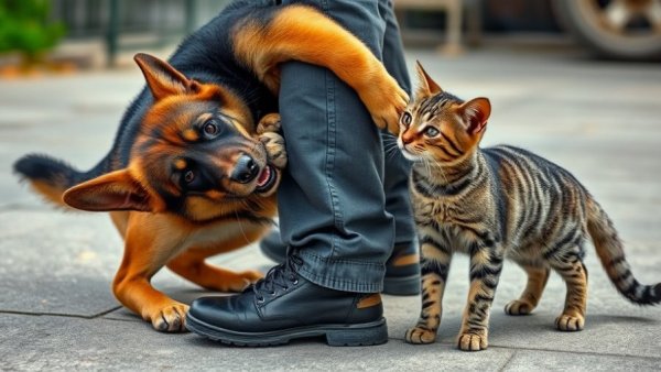Funny German Shepherd hugging a leg while a curious cat watches, outdoors.