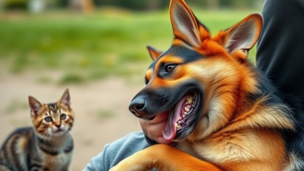 Funny pet stories scene with playful dog and curious cat.