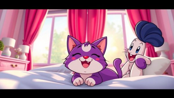 Playful cartoon cat and character in bed, pet comedy theme.