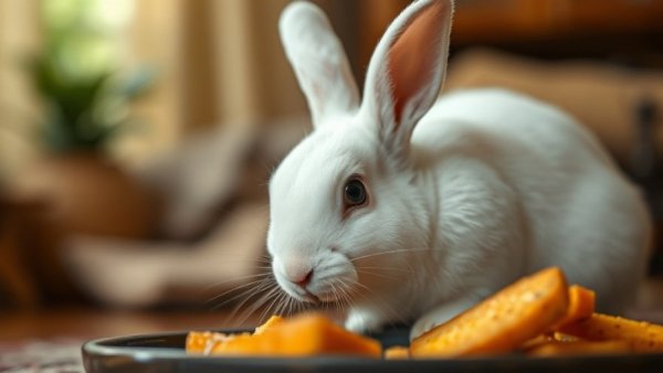 Curious rabbit beside a food bowl, indoors, warm lighting.